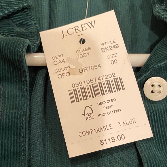 NWT - J. Crew Deep Green Long Sleeve Corduroy Shirtdress - Picture 3 of 6